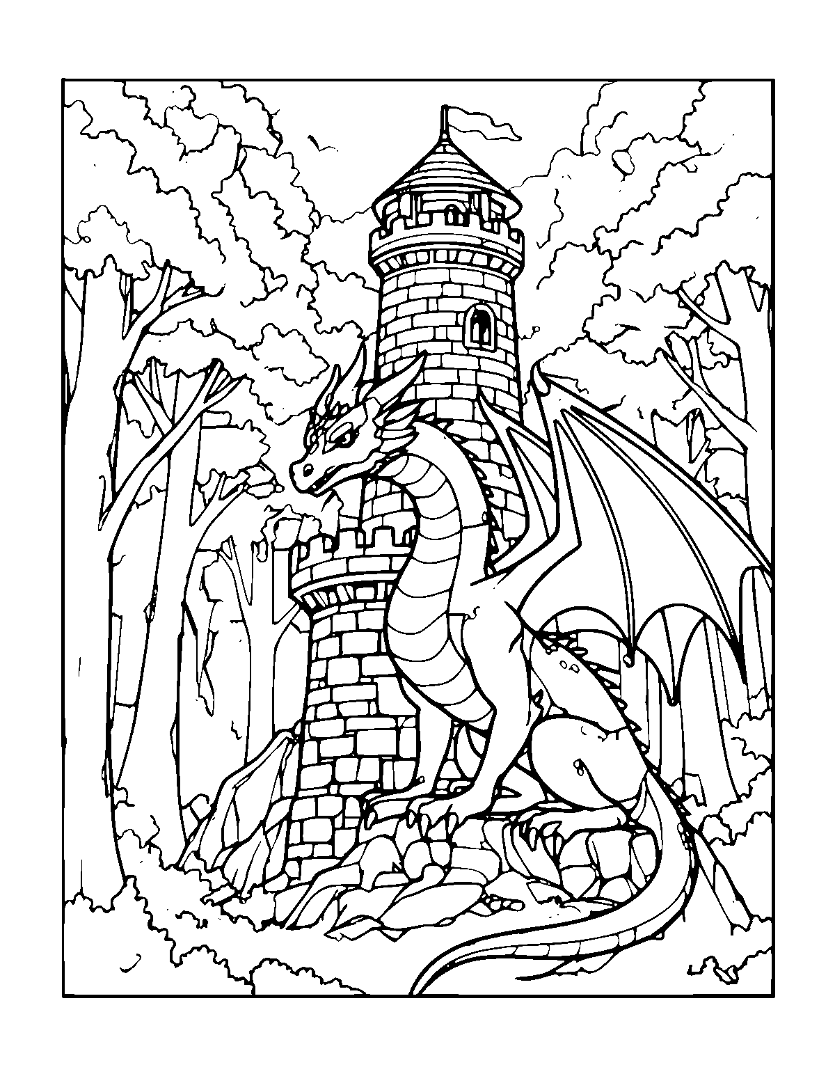 Line-art coloring page of Tower Guardian Dragon, tower guardian, medium outlines, centered