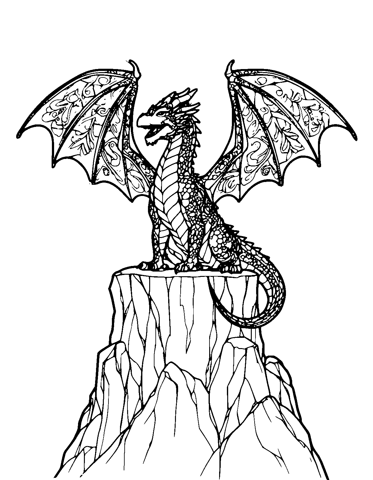 Line-art coloring page of Cliff Perch Dragon, cliff perch, medium outlines, centered