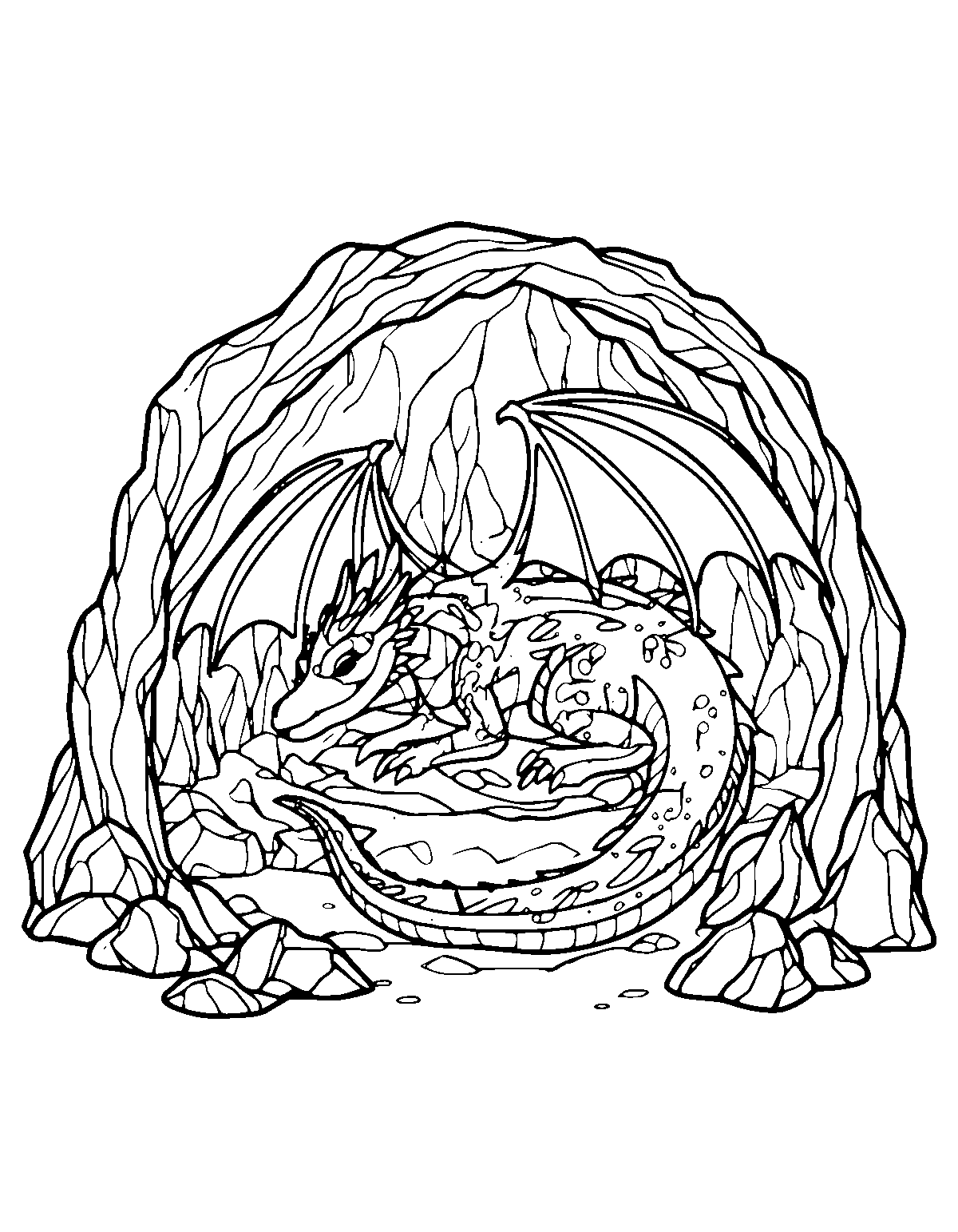 Line-art coloring page of Cave Slumber Dragon, cave slumber, medium outlines, centered