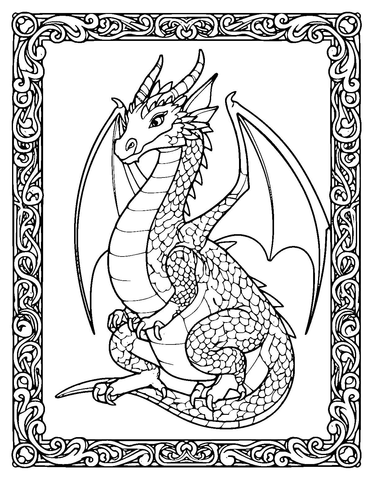 Line-art coloring page of Framed Dragon, framed, medium outlines, centered
