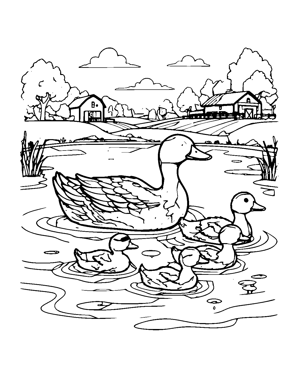 Line-art coloring page of Duck Pond Farm Animals, duck pond, medium outlines, centered