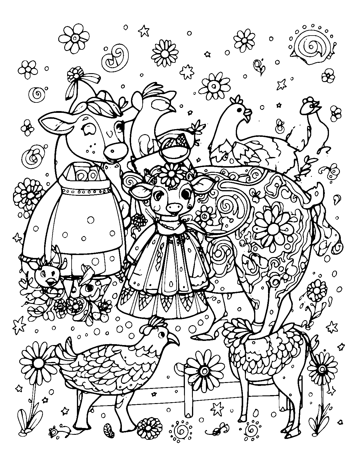 Line-art coloring page of Decorative Farm Animals, decorative, fine outlines, centered