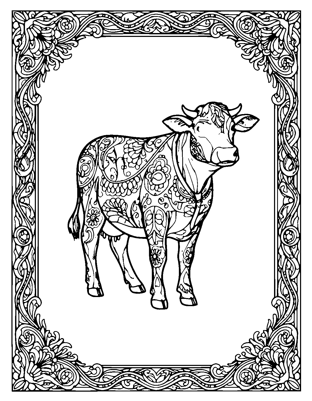 Line-art coloring page of Framed Farm Animals, framed, medium outlines, centered