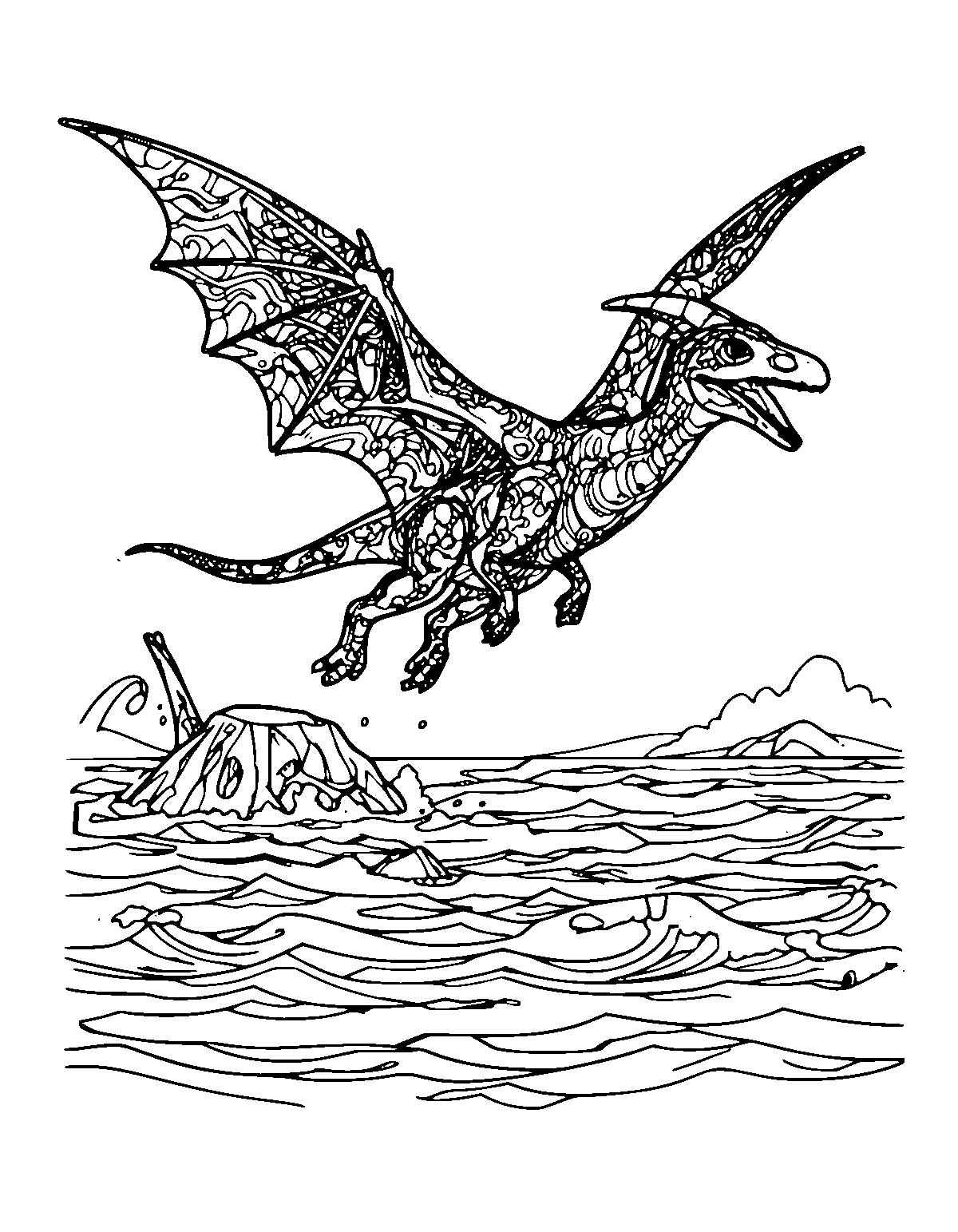Line-art coloring page of Prehistoric Sky Dinosaur, prehistoric sky, medium outlines, centered
