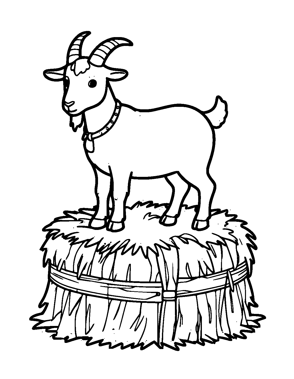 Line-art coloring page of Hay Bale Goat Farm Animals, hay bale goat, medium outlines, centered