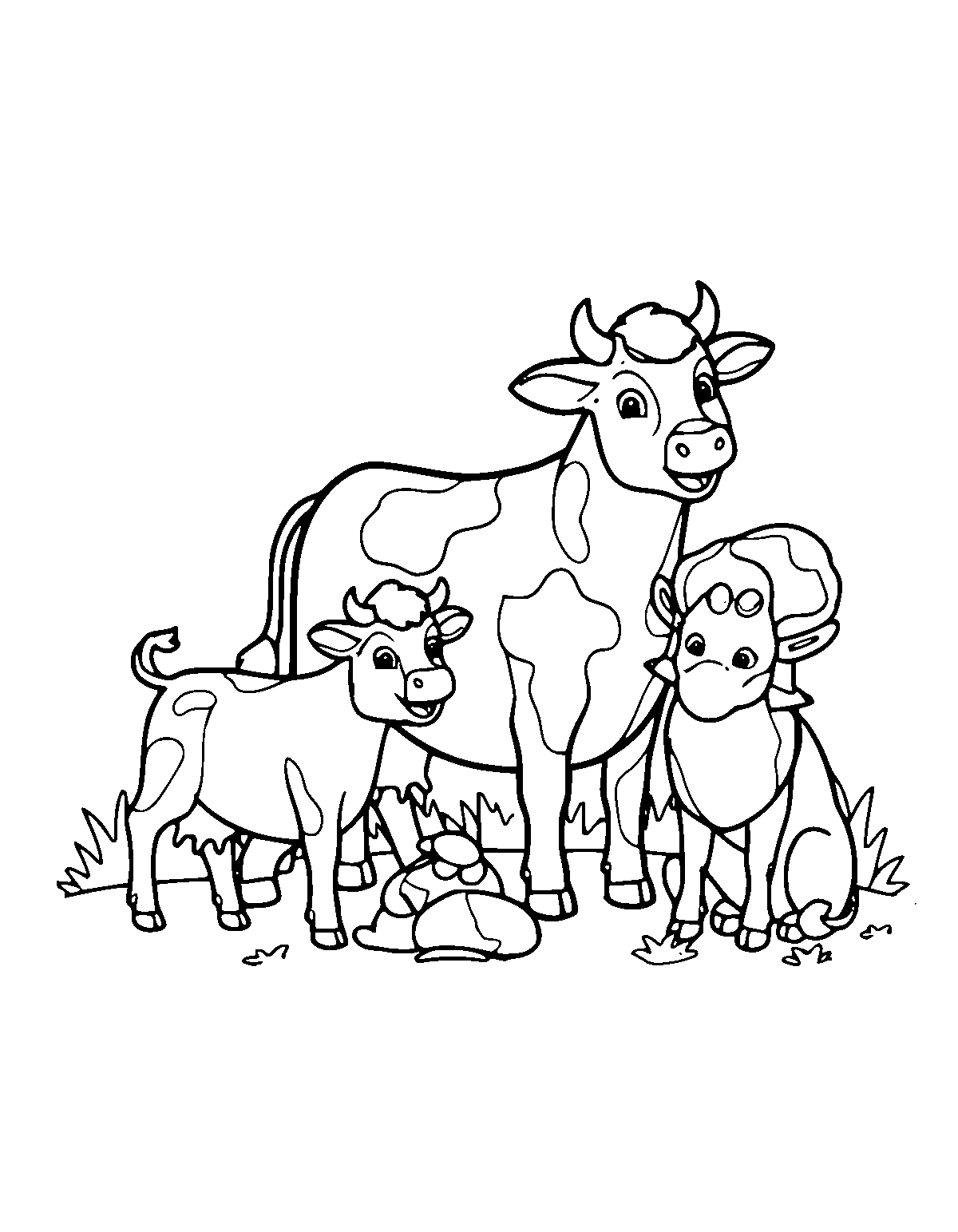 Line-art coloring page of Scene Farm Animals, scene, medium outlines, centered