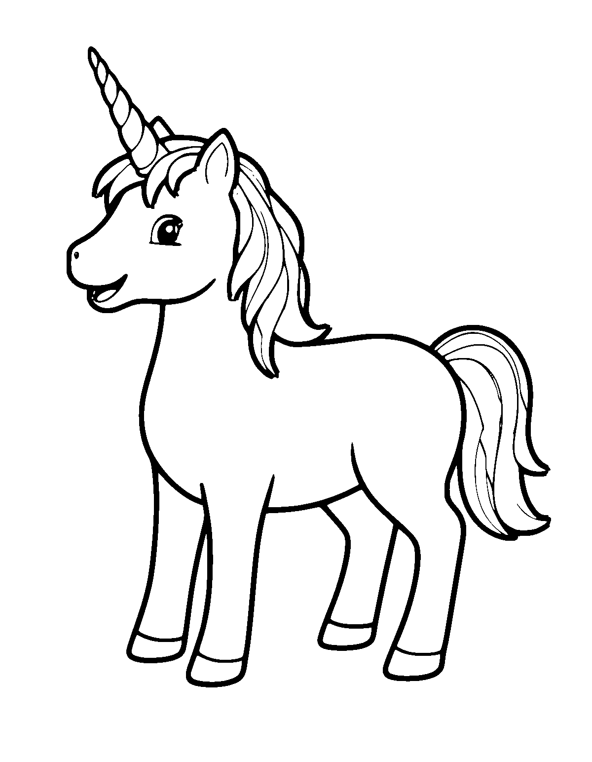 Line-art coloring page of Scene Unicorn, scene, medium outlines, centered