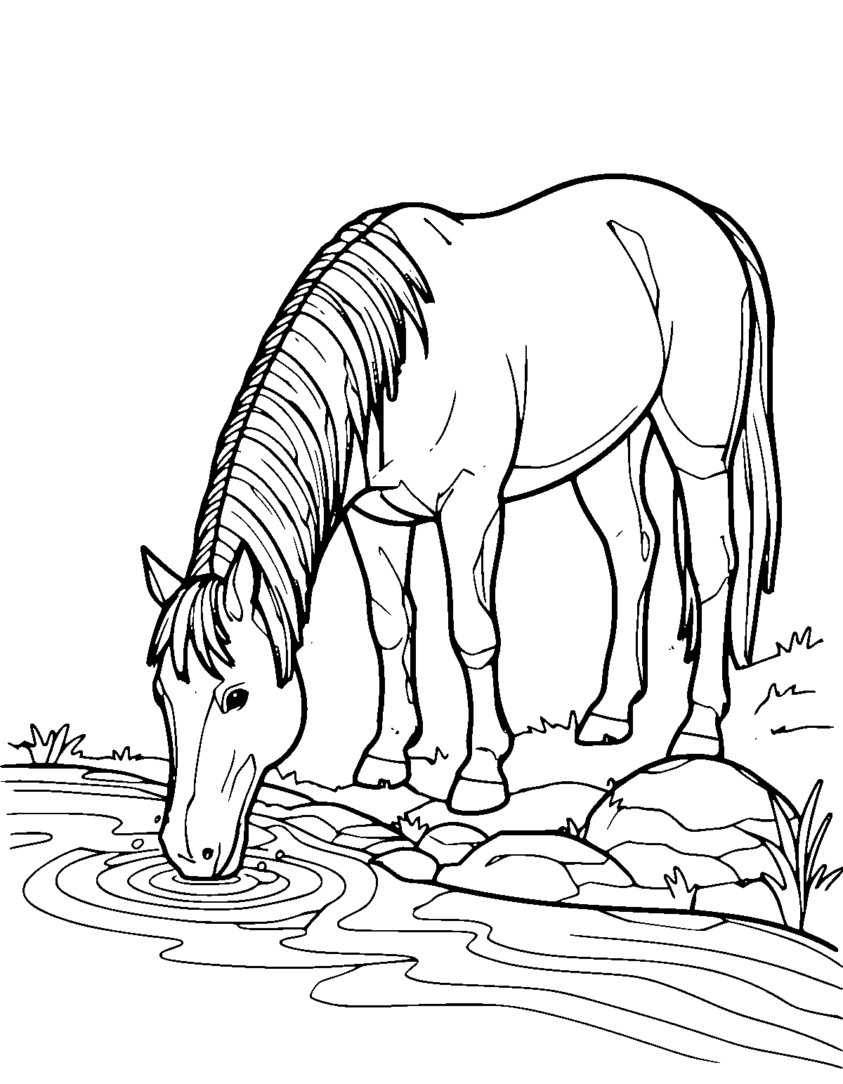 Line-art coloring page of Stream Drink Horse, stream drink, medium outlines, centered