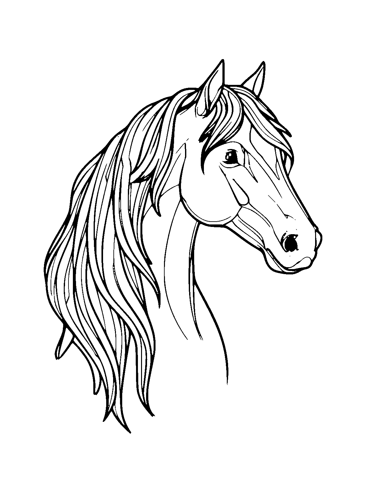 Line-art coloring page of Flowing Mane Horse, flowing mane, medium outlines, centered
