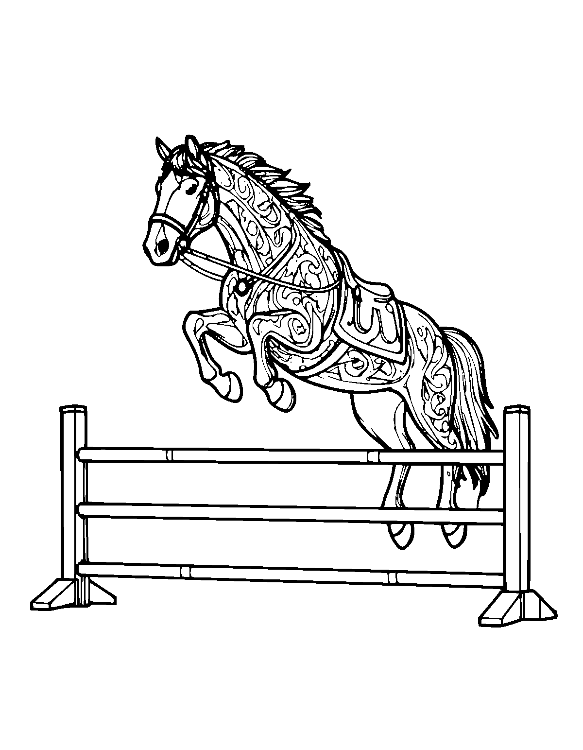 Line-art coloring page of Show Jumping Horse, show jumping, medium outlines, centered