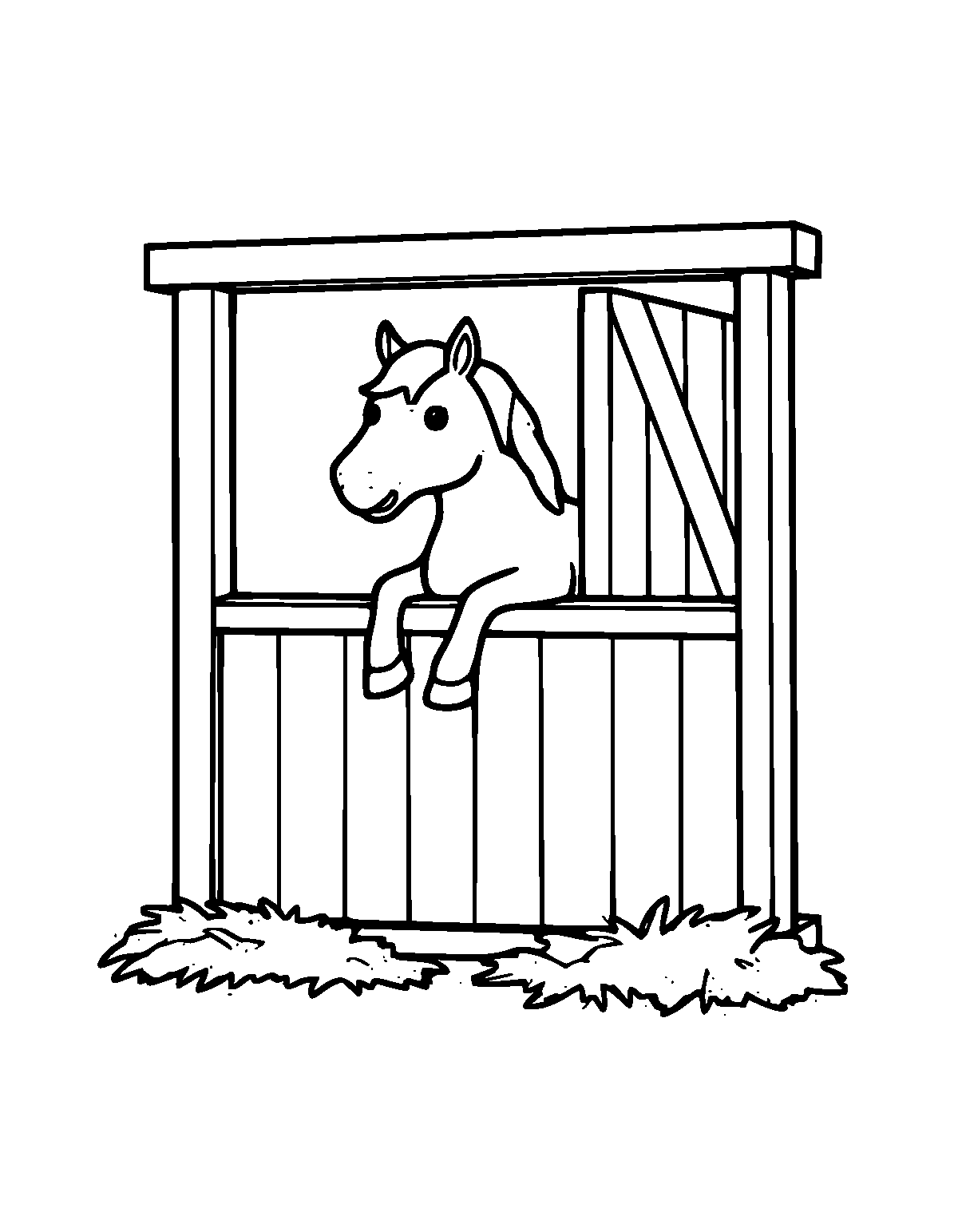 Line-art coloring page of Barn Stall Horse, barn stall, medium outlines, centered