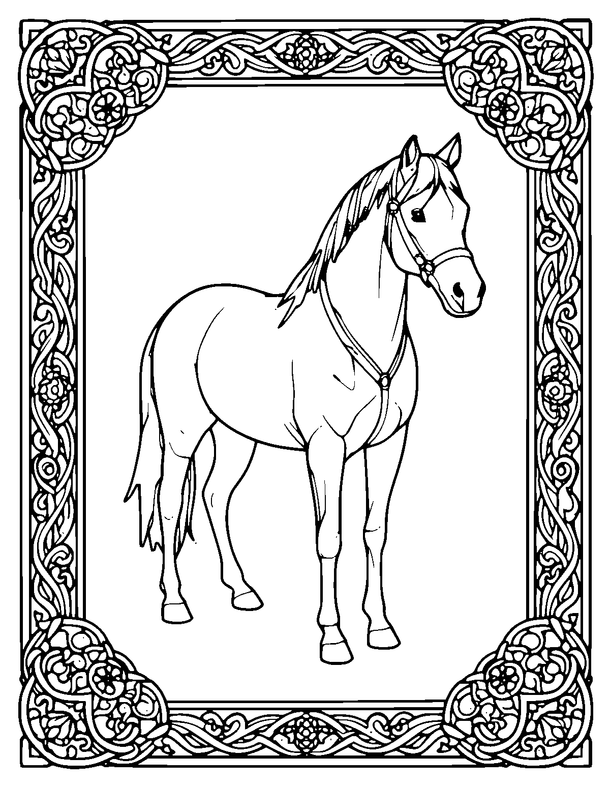 Line-art coloring page of Framed Horse, framed, medium outlines, centered