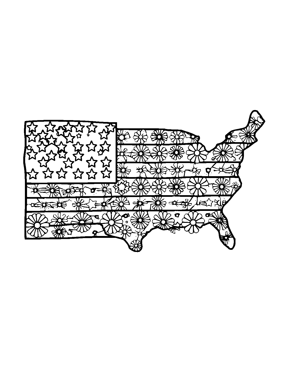 Line-art coloring page of Patterned American Flag, patterned, medium outlines, centered