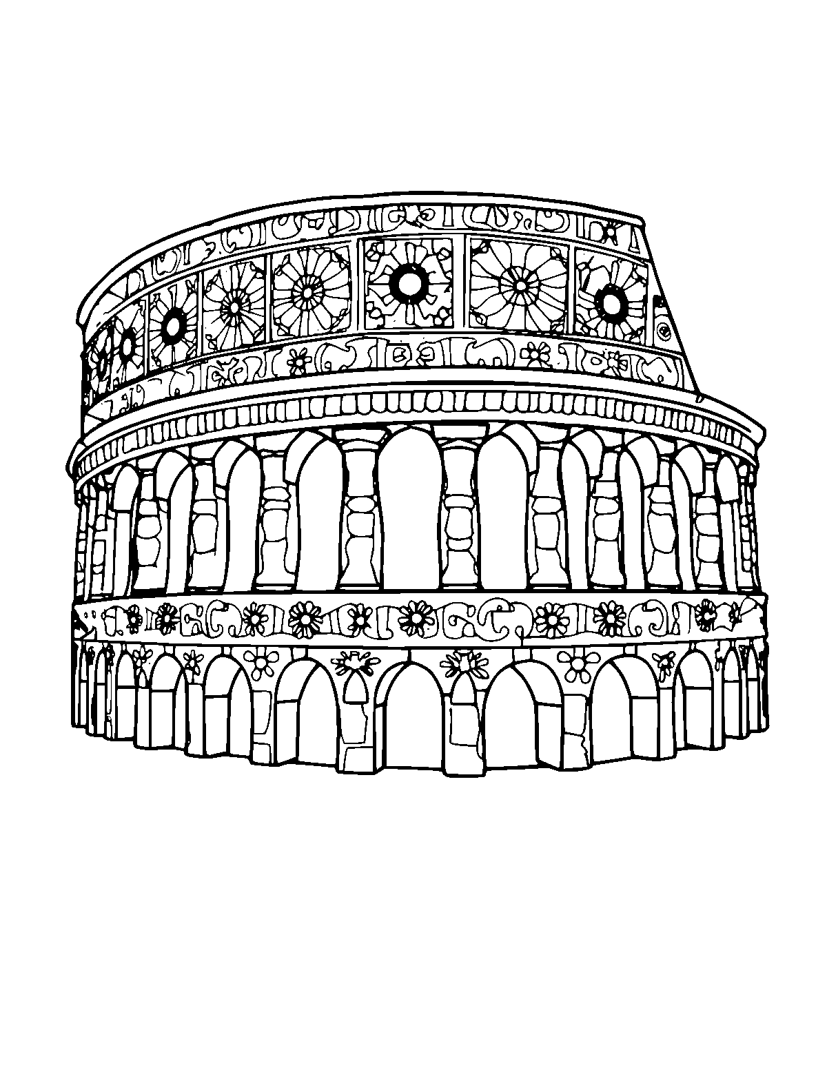 Line-art coloring page of Patterned Ancient Rome, patterned, medium outlines, centered