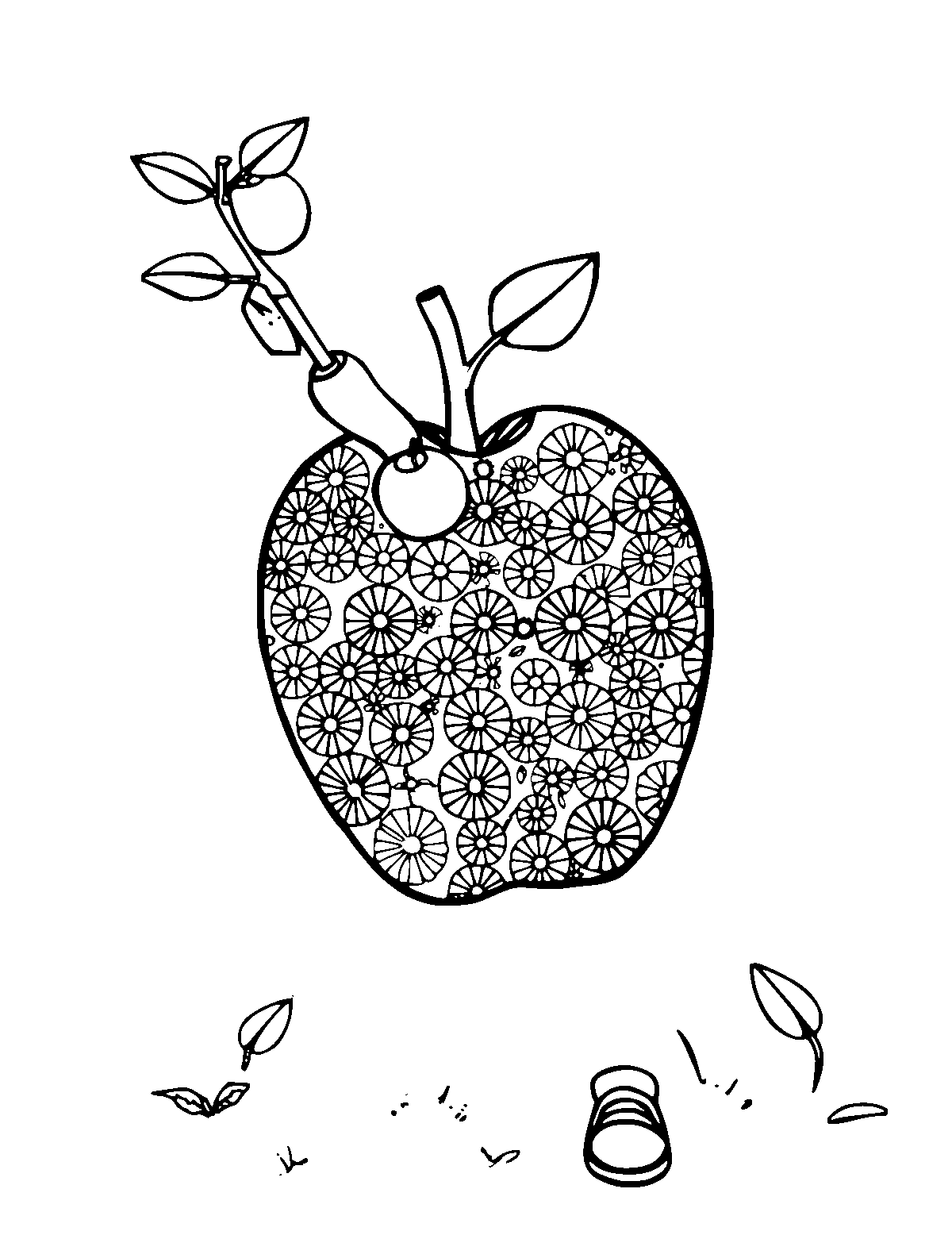 Line-art coloring page of Patterned Apple Picking, patterned, medium outlines, centered