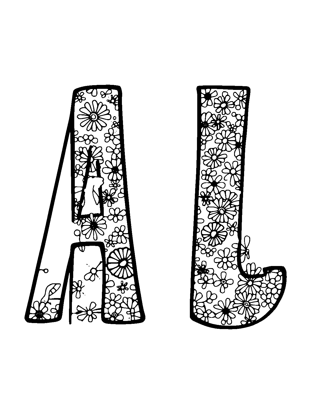 Line-art coloring page of Patterned ASL Alphabet, patterned, medium outlines, centered