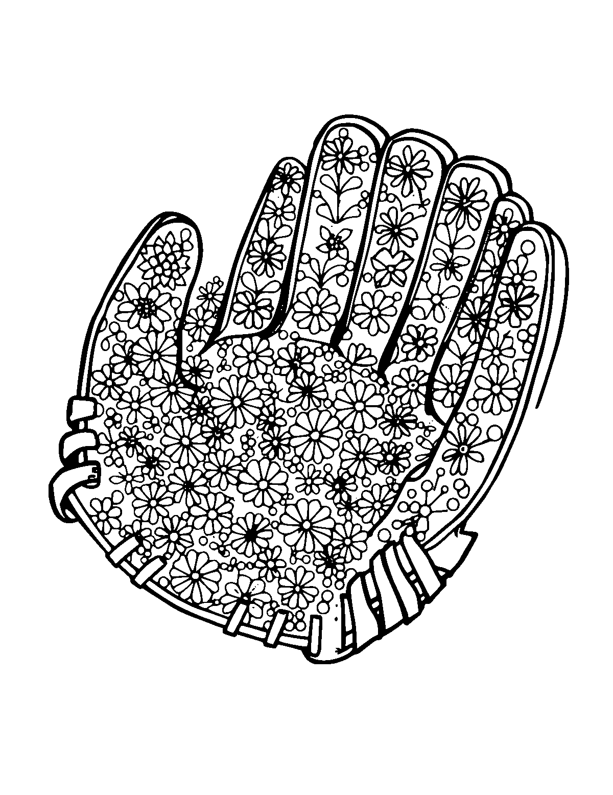 Line-art coloring page of Patterned Baseball Glove, patterned, medium outlines, centered
