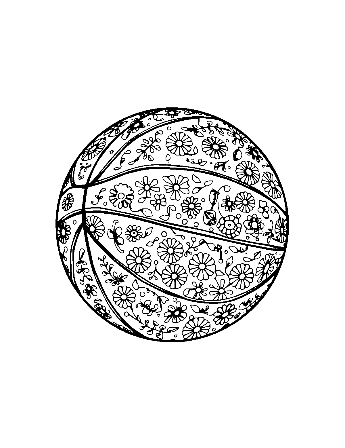 Line-art coloring page of Patterned Basketball, patterned, medium outlines, centered