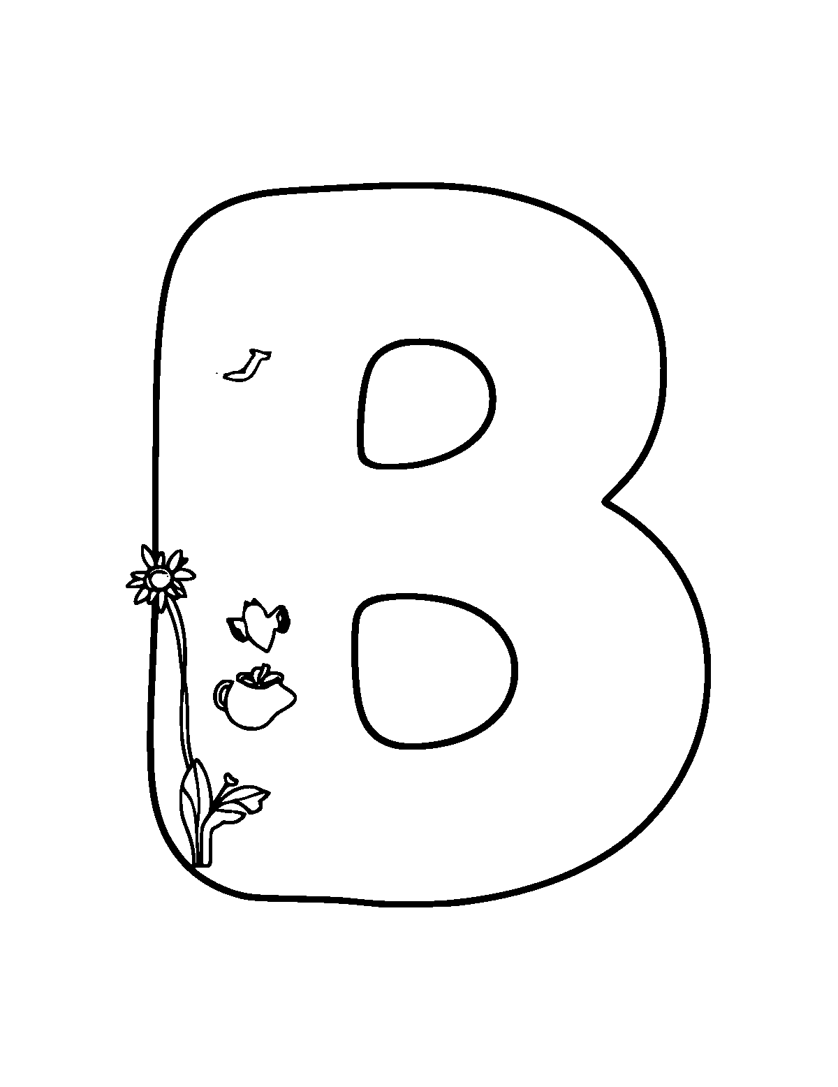 Line-art coloring page of Letter B, medium outlines, centered