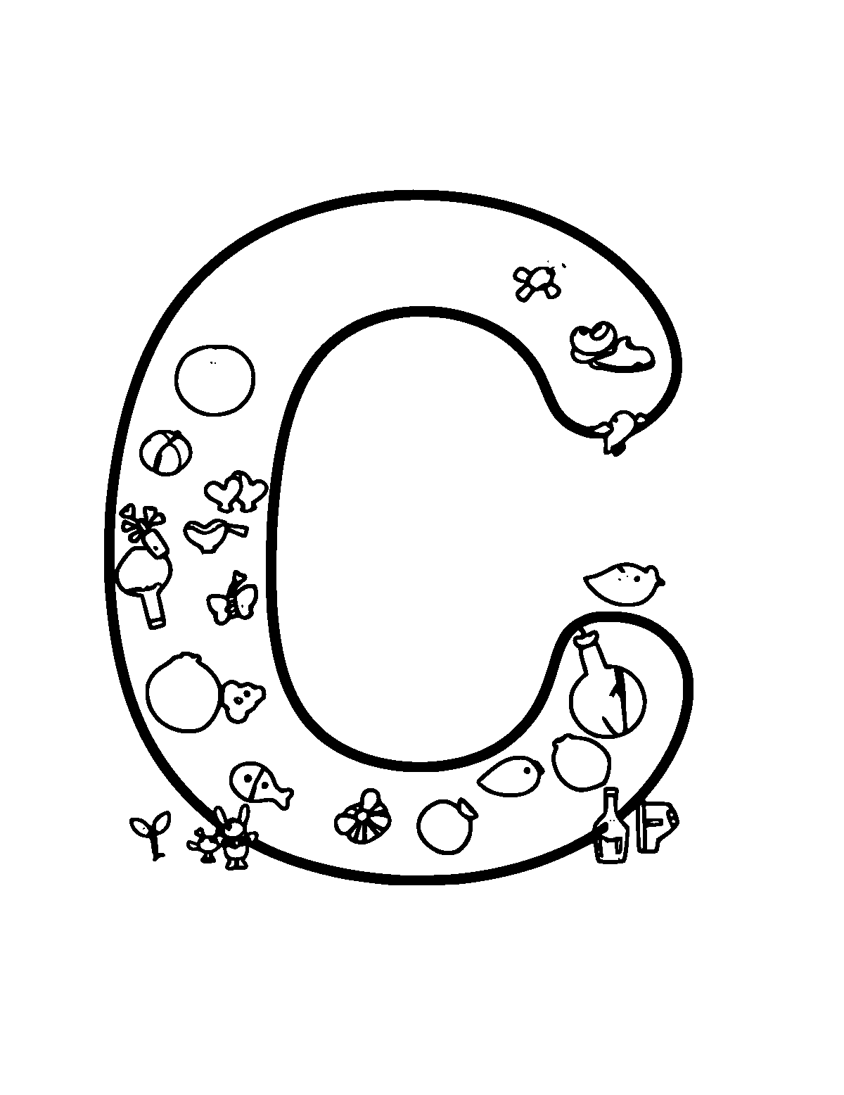 Line-art coloring page of Letter C, thick outlines, centered