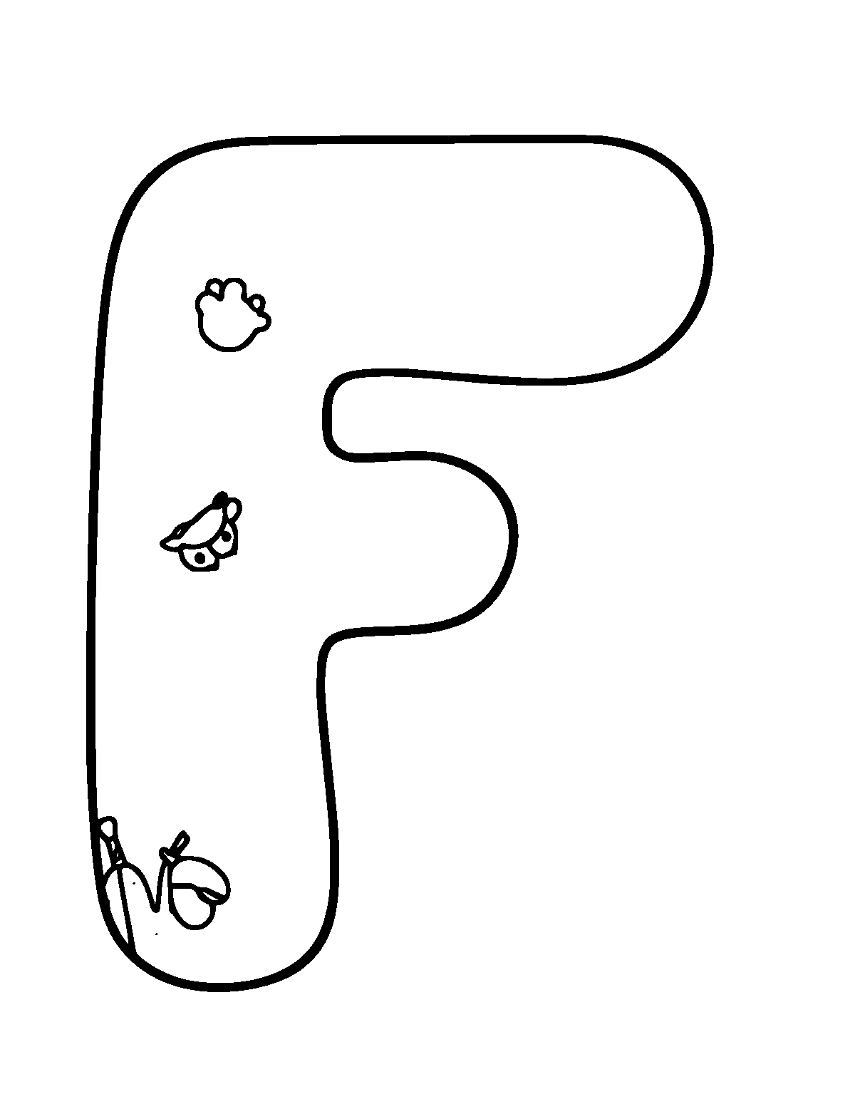 Line-art coloring page of Letter F, thick outlines, centered