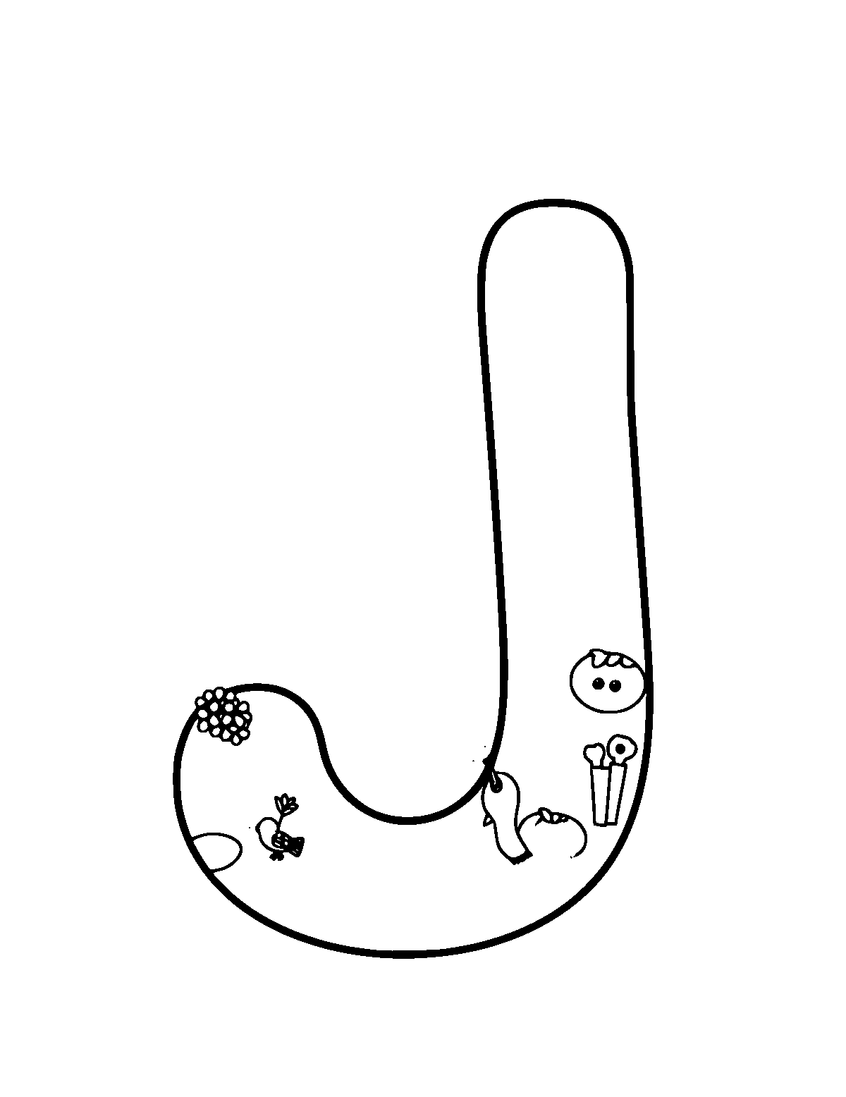Line-art coloring page of Letter J, medium outlines, centered