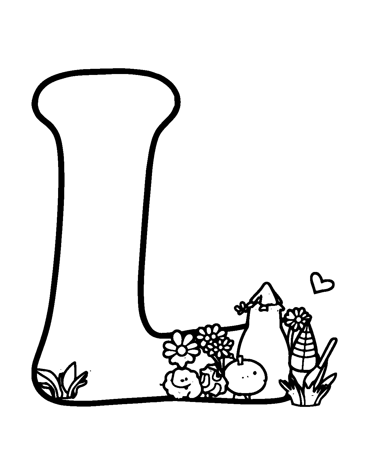 Line-art coloring page of Lowercase Letters, thick outlines, centered