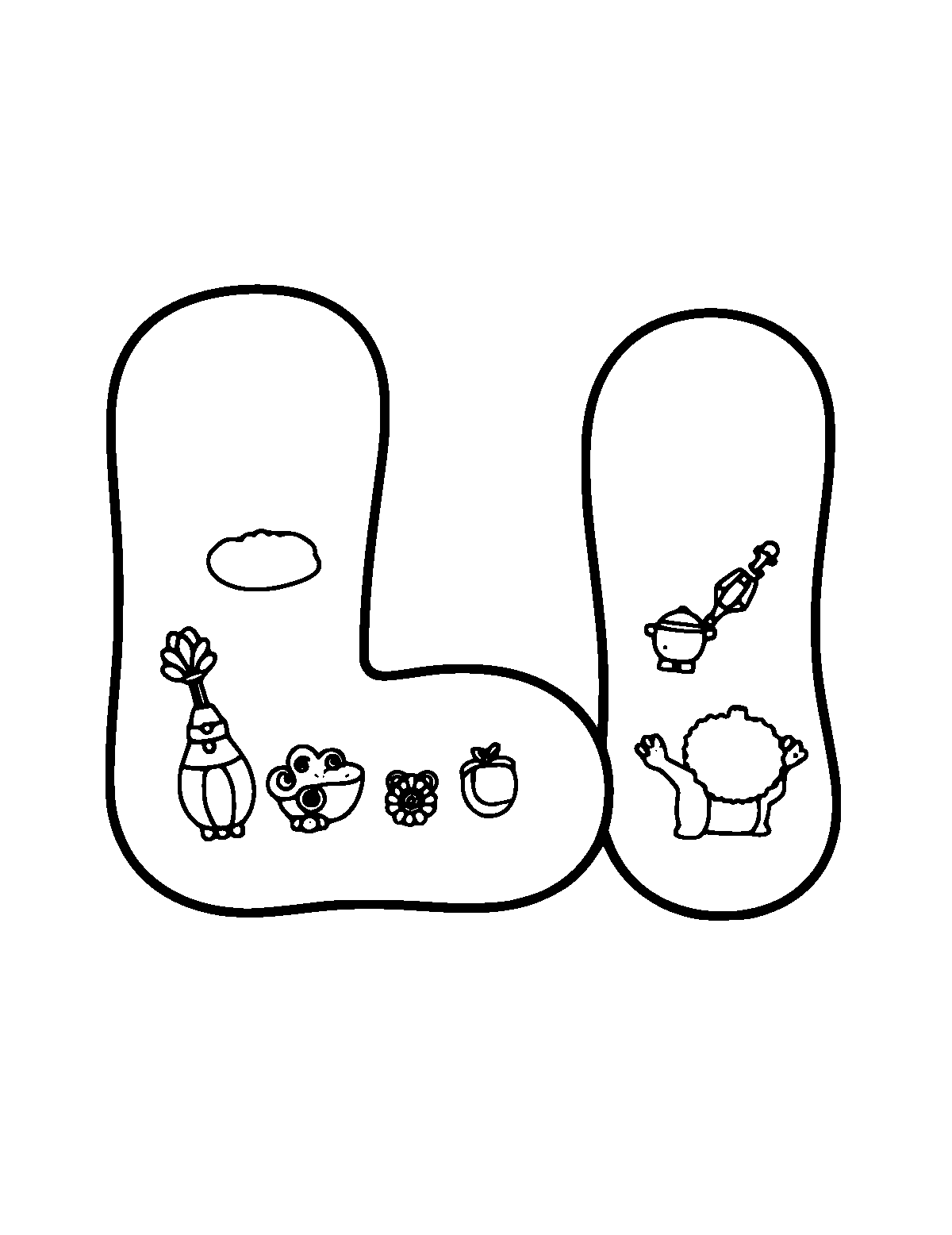 Line-art coloring page of Uppercase Letters, thick outlines, centered