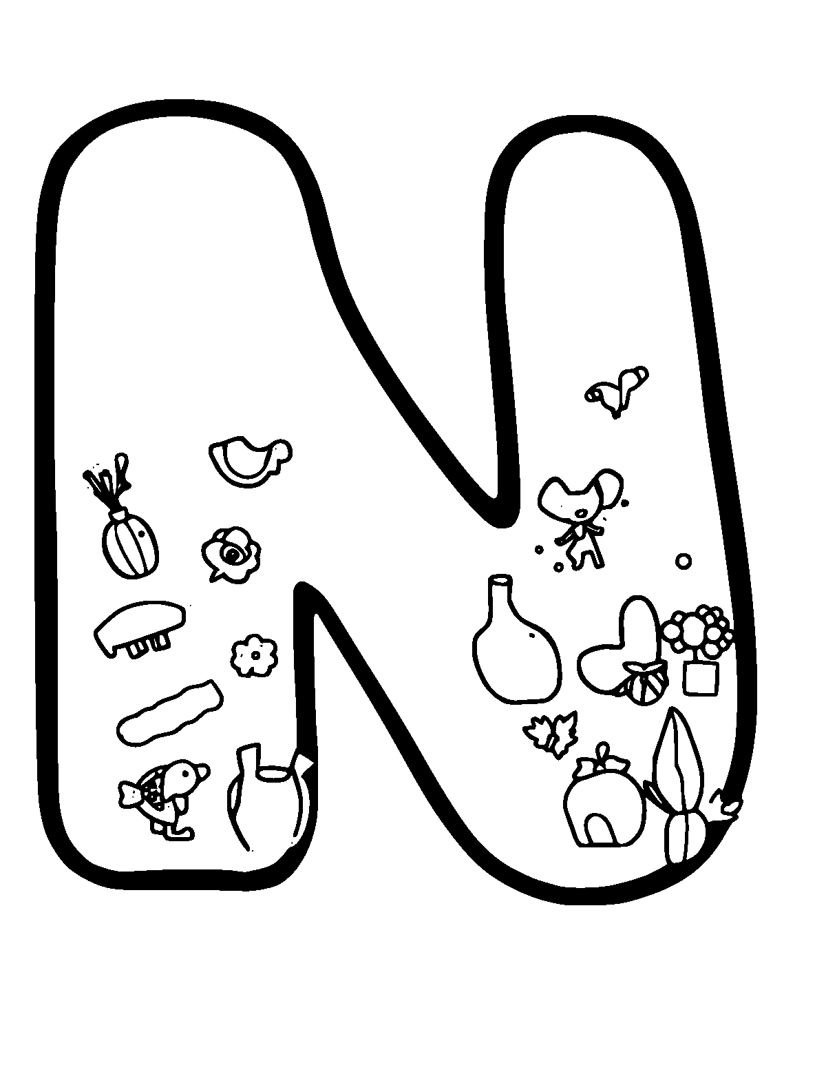 Line-art coloring page of Letter N, thick outlines, centered