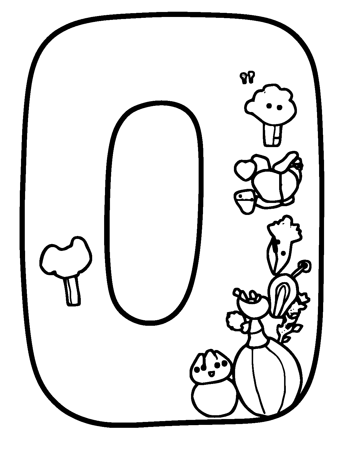 Line-art coloring page of Letter O, thick outlines, centered