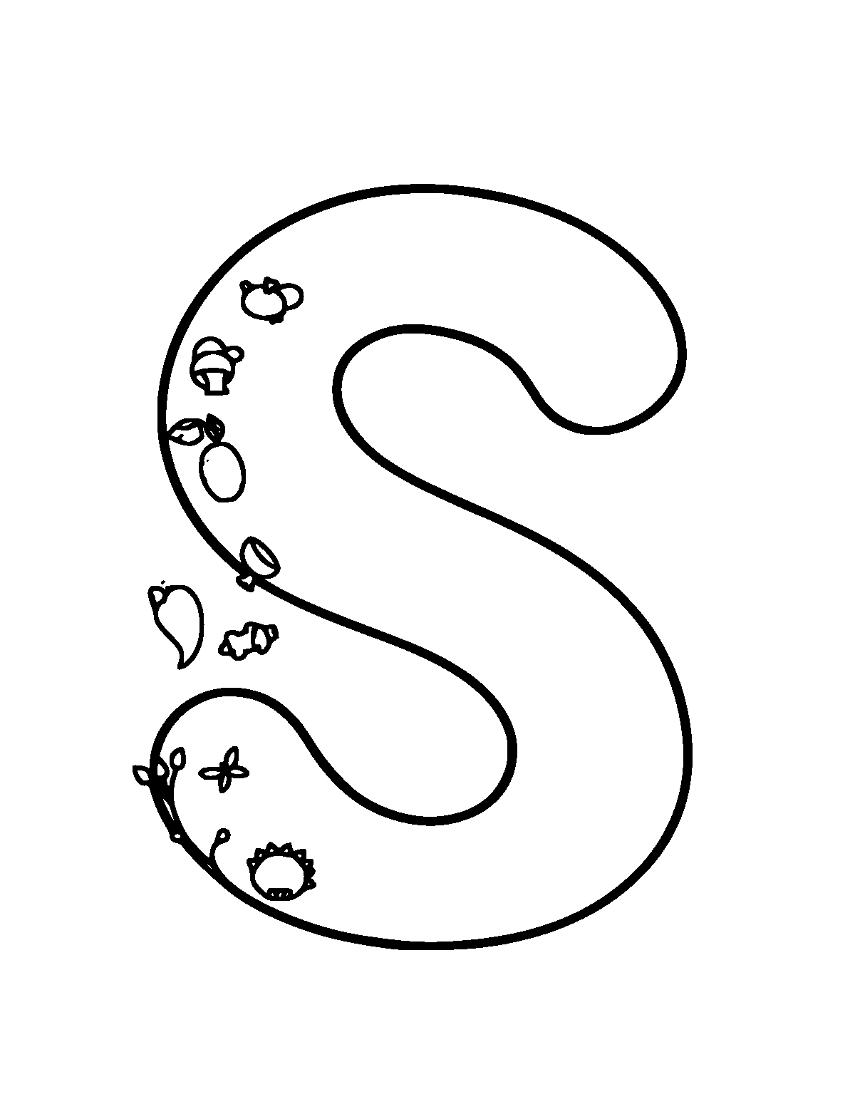 Line-art coloring page of Letter S, thick outlines, centered