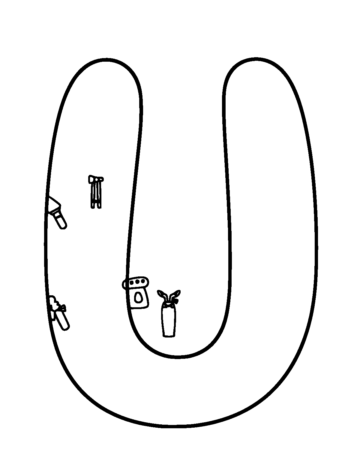 Line-art coloring page of Letter U, thick outlines, centered