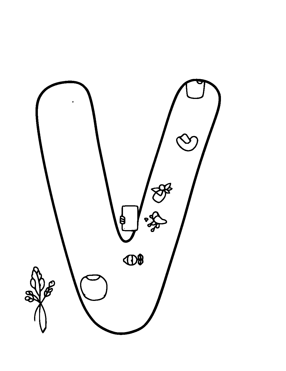 Line-art coloring page of Letter V, medium outlines, centered