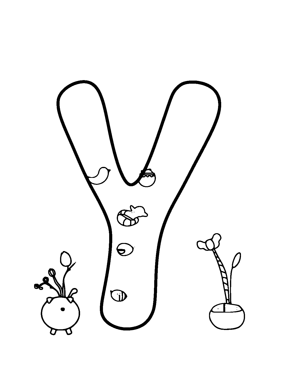 Line-art coloring page of Letter Y, medium outlines, centered