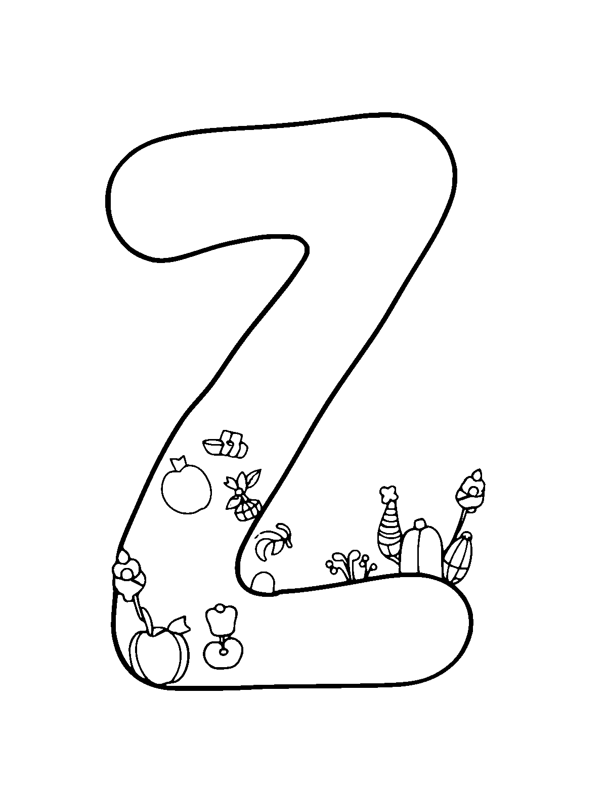 Line-art coloring page of Letter Z, medium outlines, centered