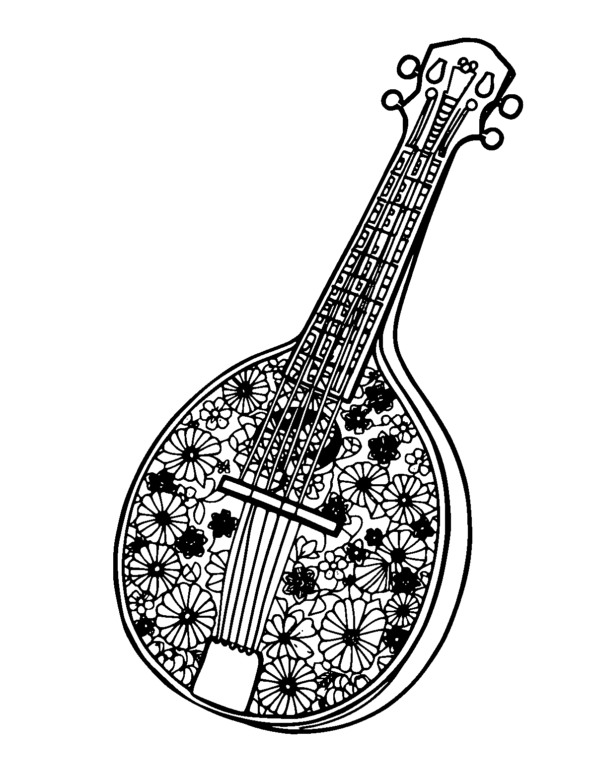 Line-art coloring page of Patterned Charango, patterned, medium outlines, centered