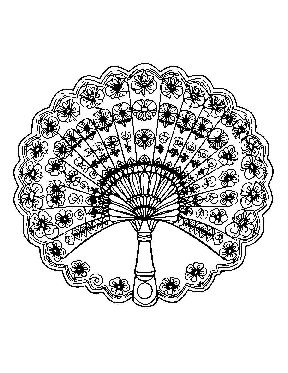 Line-art coloring page of Patterned Chinese Fan, patterned, medium outlines, centered