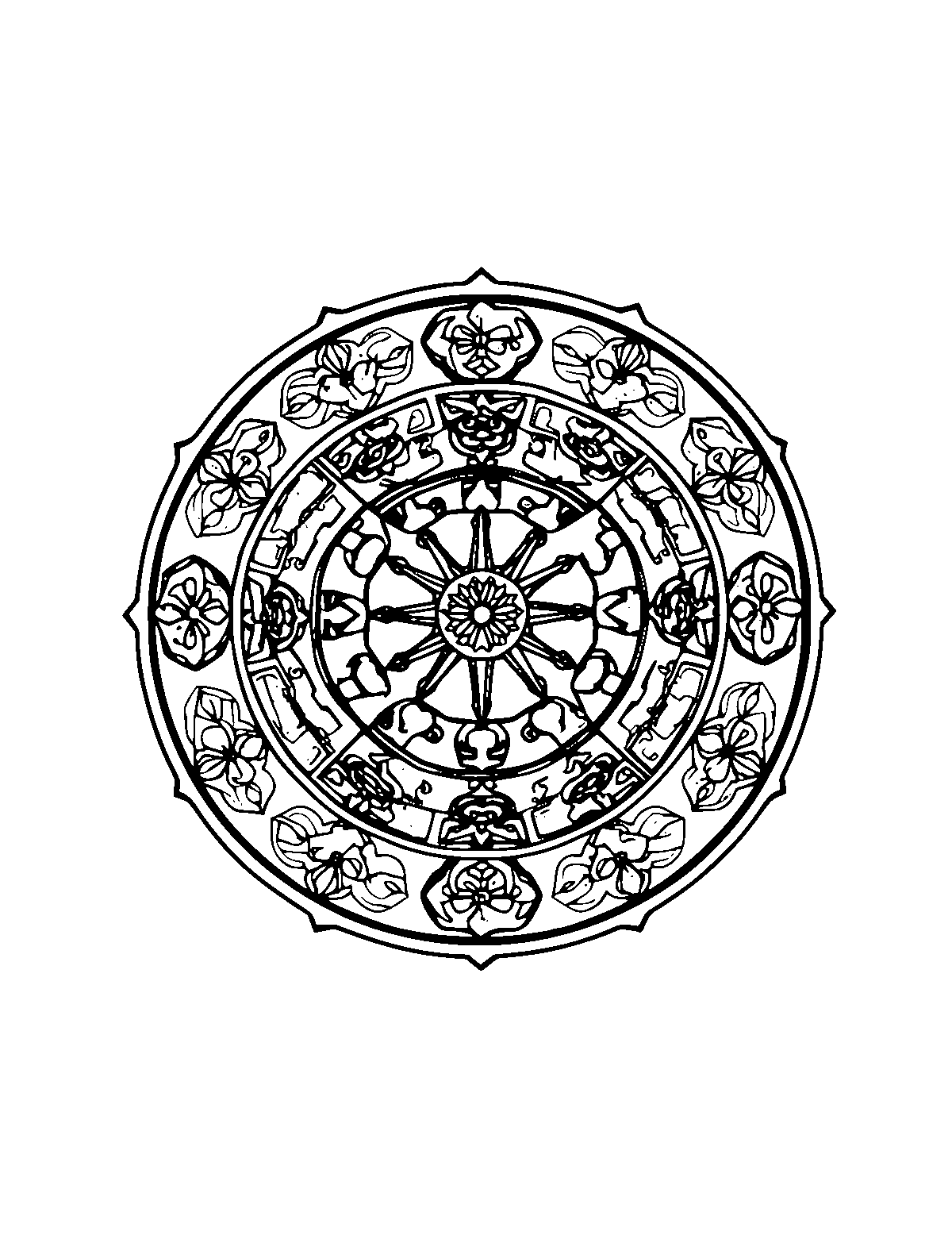 Line-art coloring page of Patterned Chinese Zodiac Wheel, patterned, medium outlines, centered