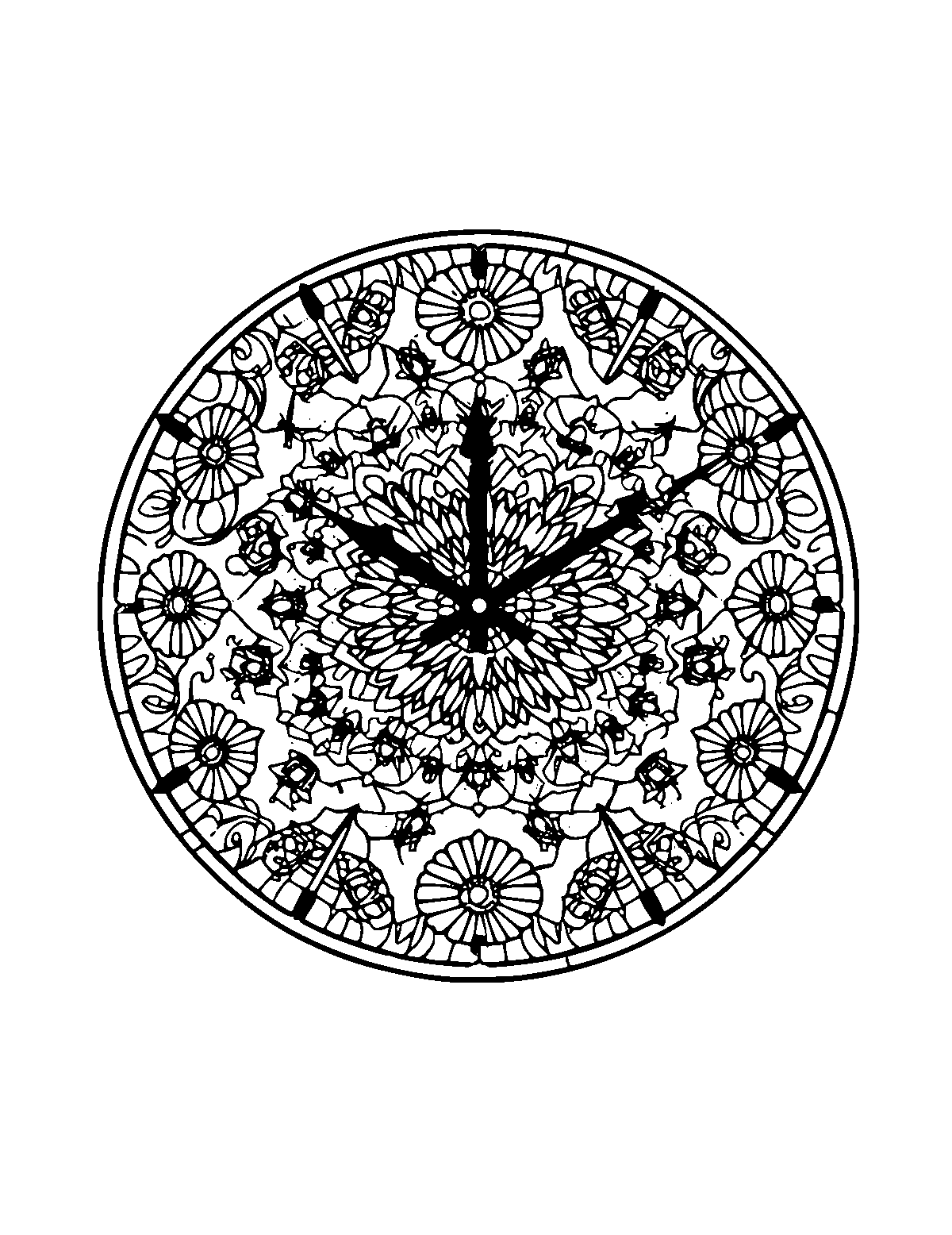 Line-art coloring page of Patterned Clock, patterned, medium outlines, centered