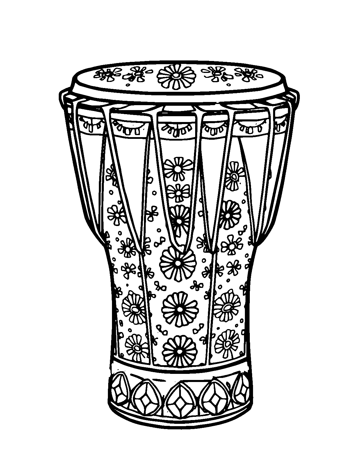 Line-art coloring page of Patterned Djembe Drum, patterned, medium outlines, centered