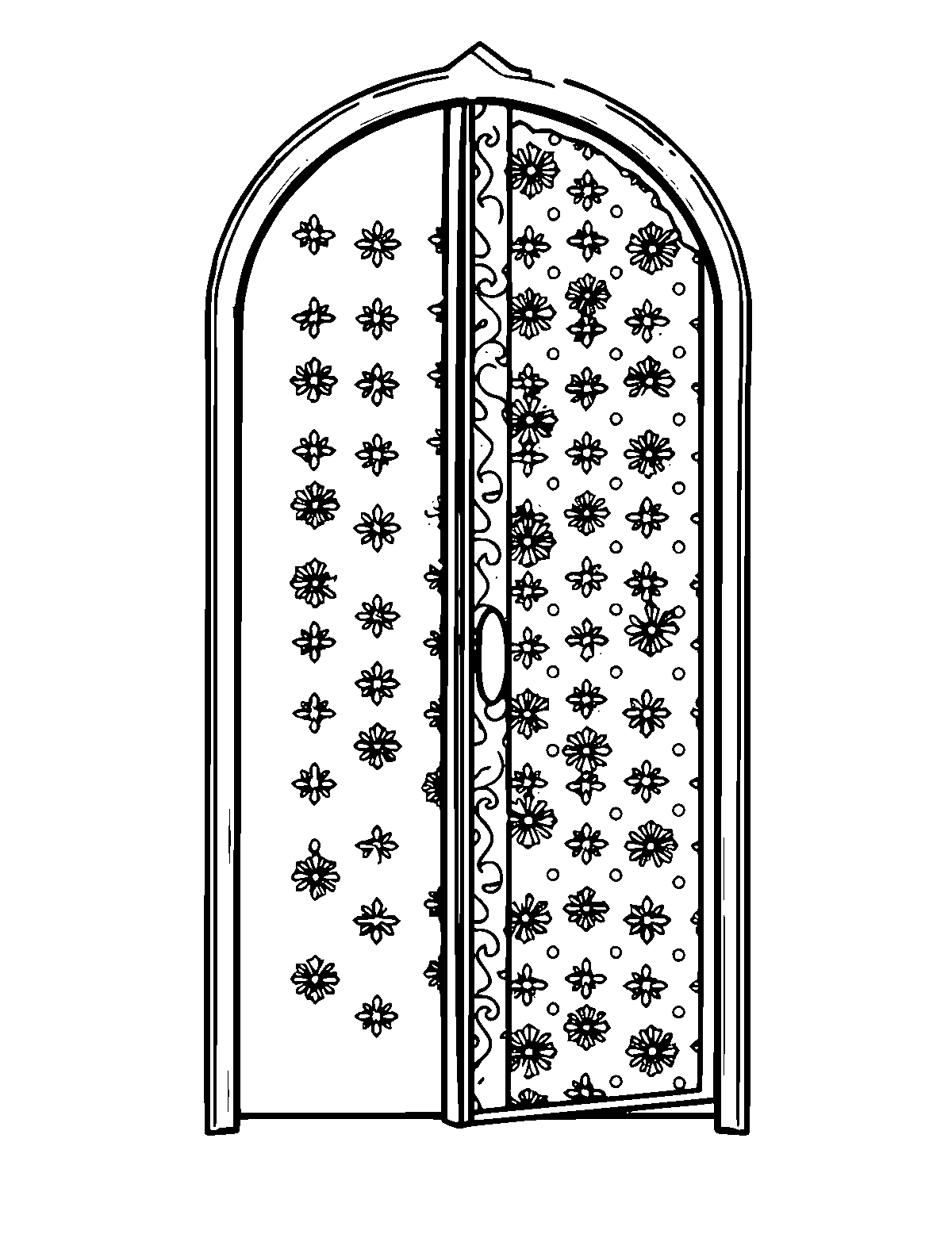Line-art coloring page of Patterned Door, patterned, medium outlines, centered