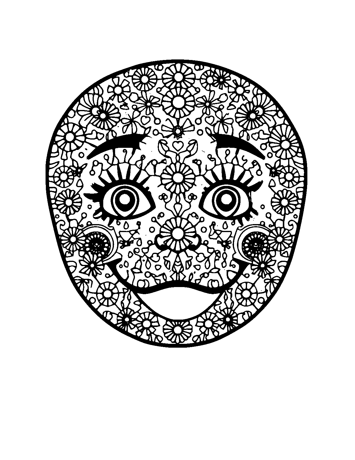 Line-art coloring page of Patterned Emotion Faces, patterned, medium outlines, centered