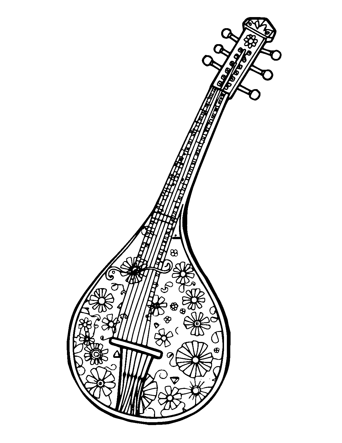 Line-art coloring page of Patterned Erhu, patterned, medium outlines, centered