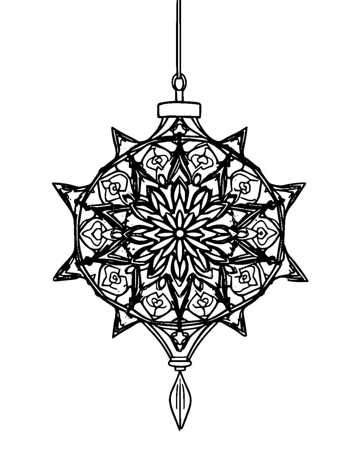 Line-art coloring page of Patterned Filipino Parol Star Lantern, patterned, medium outlines, centered
