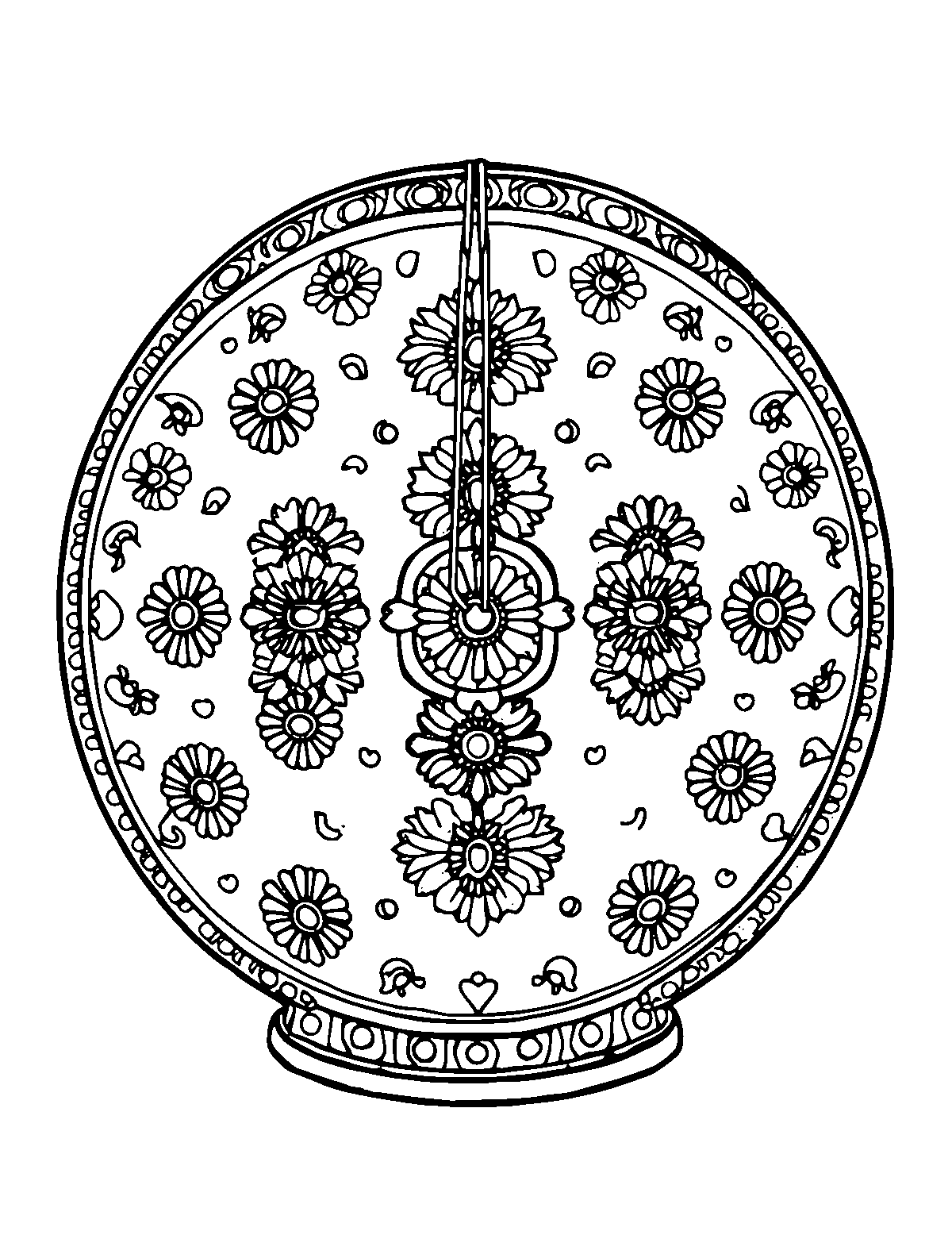 Line-art coloring page of Patterned Gamelan Gong, patterned, medium outlines, centered