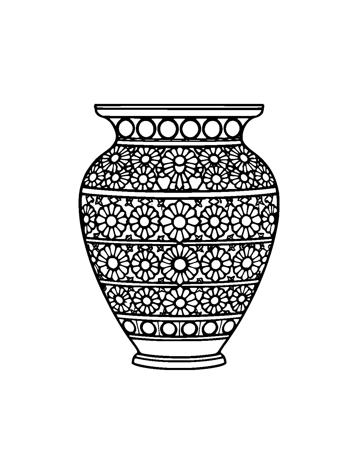 Line-art coloring page of Patterned Greek Amphora Vase, patterned, medium outlines, centered