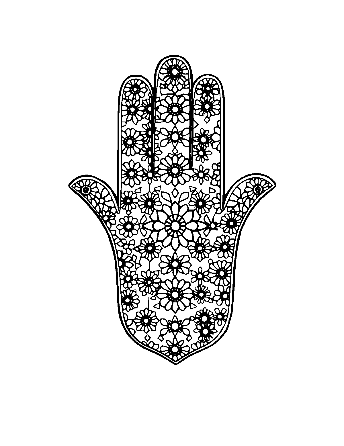 Line-art coloring page of Patterned Hamsa Hand, patterned, medium outlines, centered