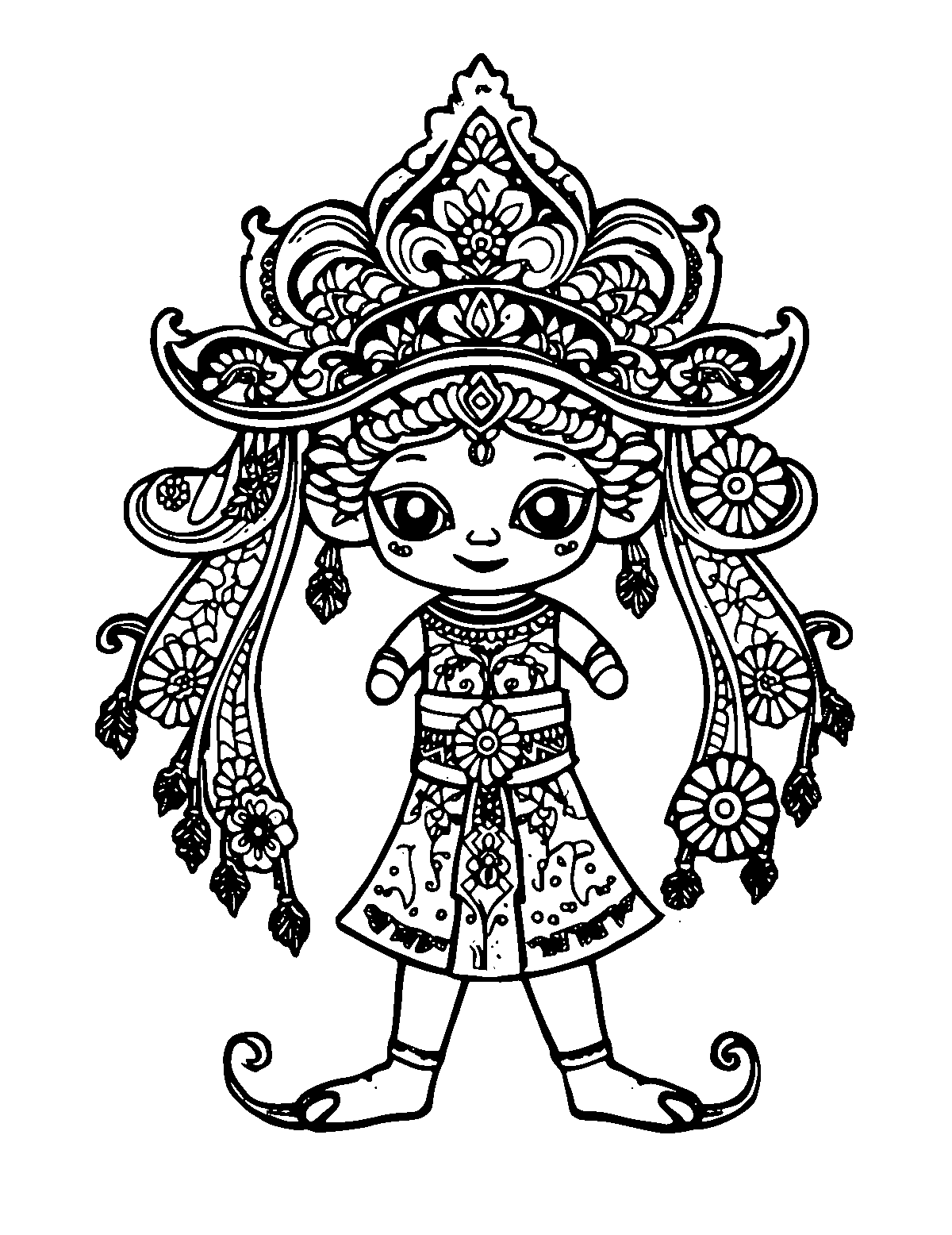 Line-art coloring page of Patterned Indonesian Wayang Shadow Puppet, patterned, medium outlines, centered