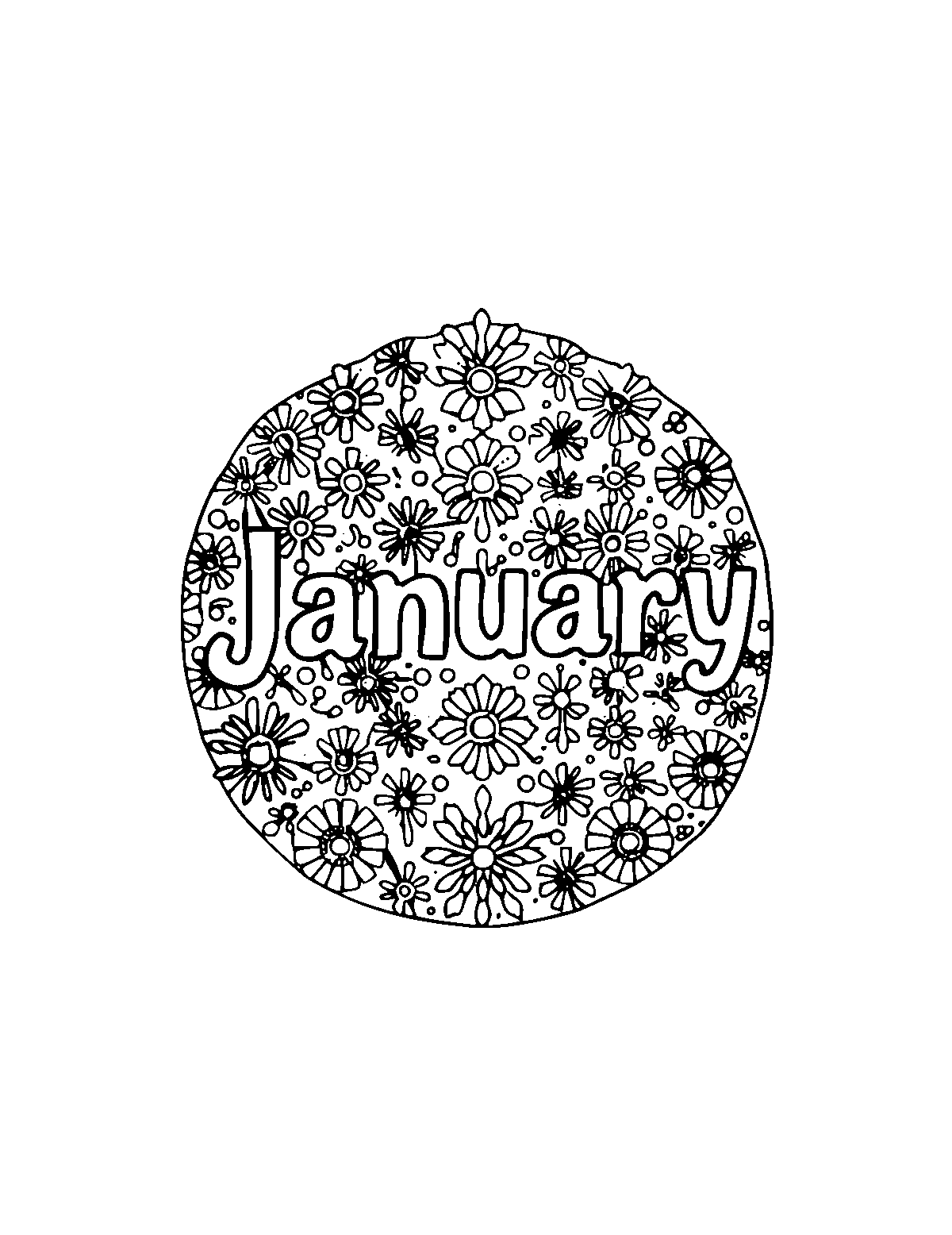 Line-art coloring page of Patterned January, patterned, medium outlines, centered