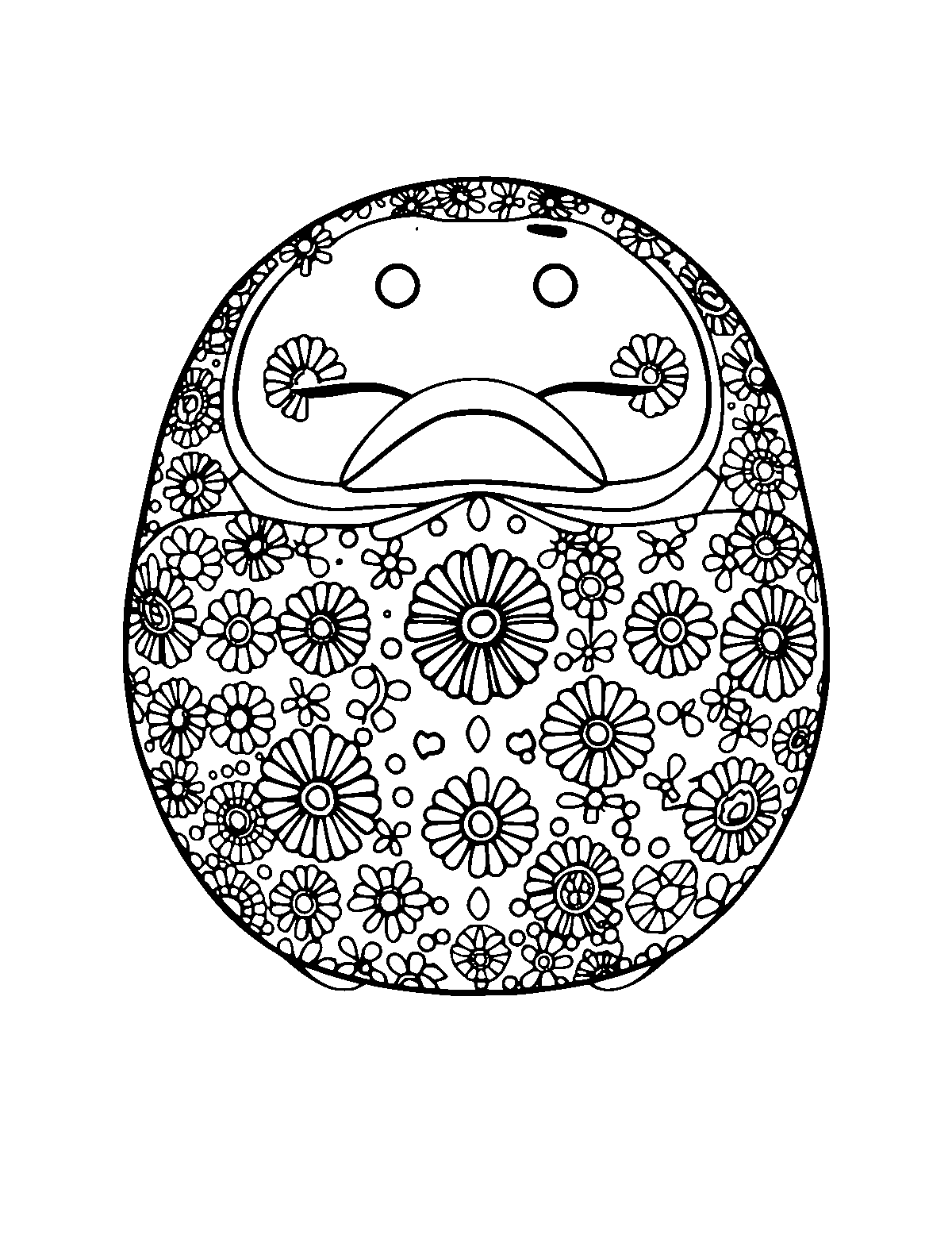 Line-art coloring page of Patterned Japanese Daruma Doll, patterned, medium outlines, centered